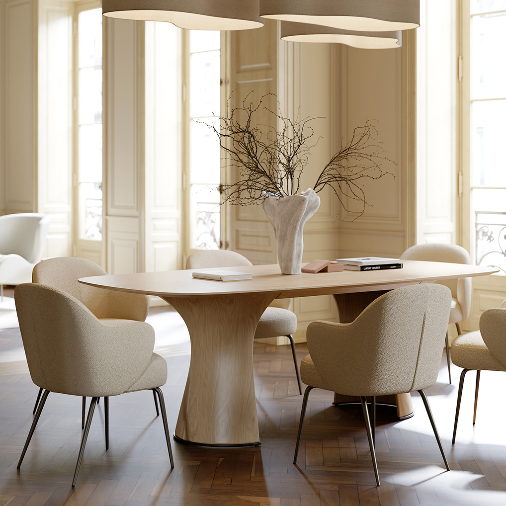 BAE chairs frosted almond boucle w. antique brass around ROOT table whitewashed oak 3 1-1