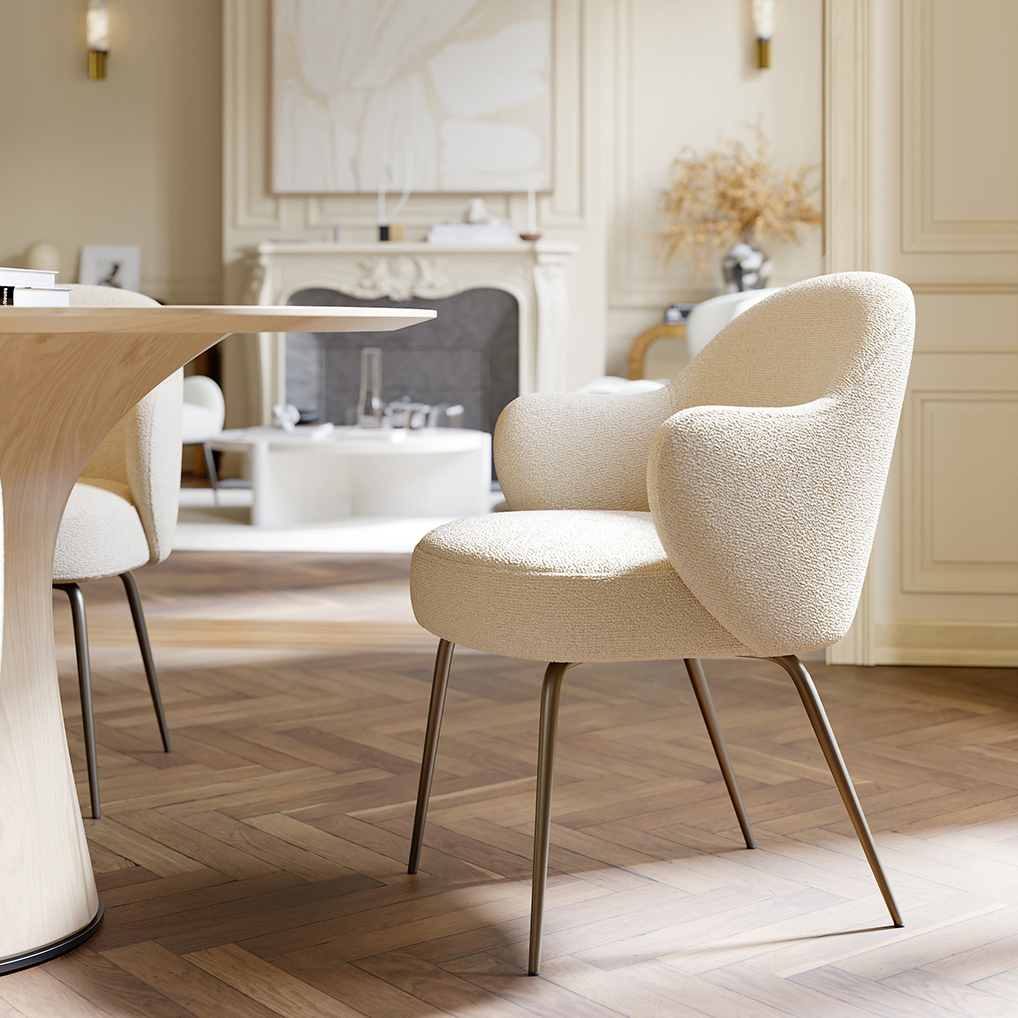 BAE chairs frosted almond boucle w. antique brass around ROOT table whitewashed oak 6 1-1